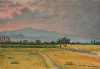 Nerantza Dry Landscape with Two Olive Trees, Dusk, Weather Change — Oil painting, Canvas, 35.00×50.00cm — Theodoros Markellos